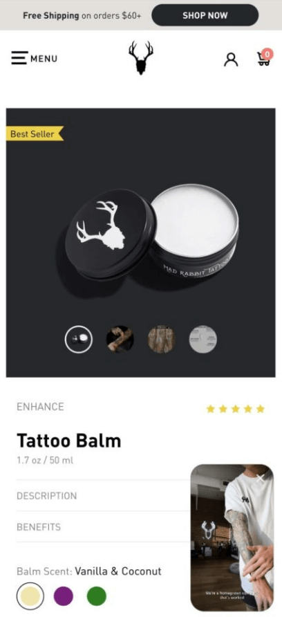 A screenshot of a test variation including video on a product page.